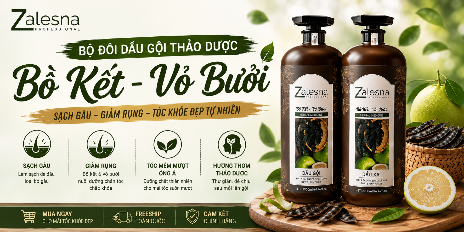 Dầu Gội Xả Zalesna Bồ Kết Vỏ Bưởi 2000ml